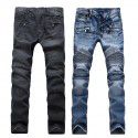 Jeans Men's Light Pleated Slim Fit Straight Zipper Decorative Motorcycle Pants 