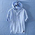 Summer Men's Cotton Linen Stripe Short Sleeve Casual Loose Fit Men's Hooded T-shirt Men's Linen 