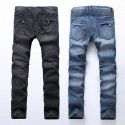 Jeans Men's Light Pleated Slim Fit Straight Zipper Decorative Motorcycle Pants 