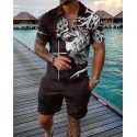 Fashion button polo shirt set Men's casual 3D printed polo shirt shorts 