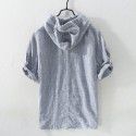 Summer Men's Cotton Linen Stripe Short Sleeve Casual Loose Fit Men's Hooded T-shirt Men's Linen 