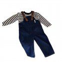 Children's Denim Strap Pants Set Spring New Korean Children's Wear Girls' Striped T-shirt Two Piece Set Westernized 