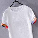 Men's casual linen short sleeved shirt White loose beach trendy men's patchwork cotton linen shirt T-shirt 