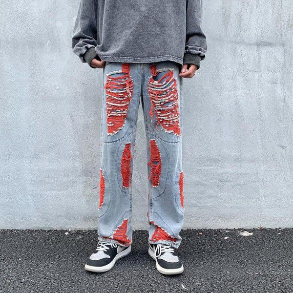 Harajuku style embroidered torn jeans Men's fashion American high street pants Summer loose wide leg mop pants 