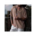 Men's cotton round neck shirt Europe and America cross-border loose solid color collar medium sleeve T-shirt with 5/4 sleeves 