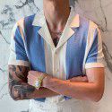 Japan and South Korea New Men's Summer Temperament Shirt Neck Knit Panel Contrast Color Business 