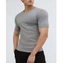 New sports short-sleeved men's summer solid color stripe fitness training casual high stretch fit T-shirt top 