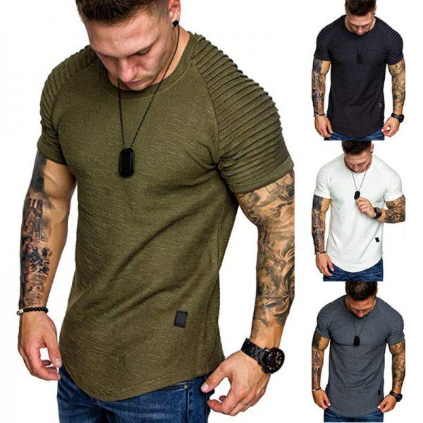 Autumn Round Neck Slim Fit Pleated Casual Short Sleeve Youth Fashion Underlay Men's Sports Raglan Sleeve 