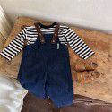 Children's Denim Strap Pants Set Spring New Korean Children's Wear Girls' Striped T-shirt Two Piece Set Westernized 