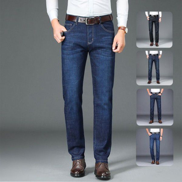 Spring and Autumn Stretch Jeans Men's Straight Fit Jeans Men's Business Medium Waist Dad's Denim Pants 