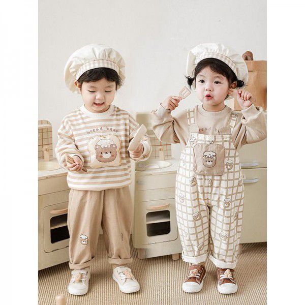 Children's Bread Bear Strap Pants Baby Cartoon Sweater Set Spring Girls' Casual Pants 