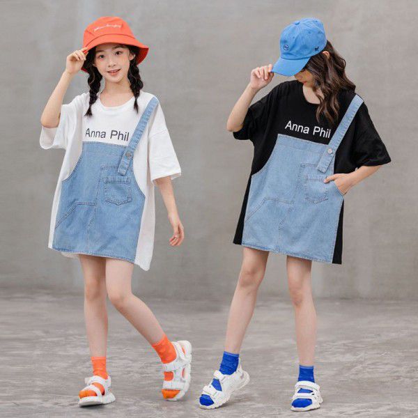 Children's New Girls' Loose T-shirt Summer Korean Version Chinese Big Children's Parent-child Dress Pure Cotton Splice Fake Two Piece Top 