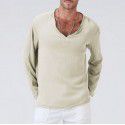 Fashion New Cotton Linen National Style Loose Fit Men's V-neck Solid Long Sleeve T-shirt 