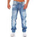 Men's Worn White Pocket Zipper Jeans Fashion Mid Waist Loose Straight Pants 