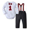 Baby Boys Fall Long Sleeve T-shirt Strap Pants Boys Set Gentleman Bowtie Cotton Creeper 