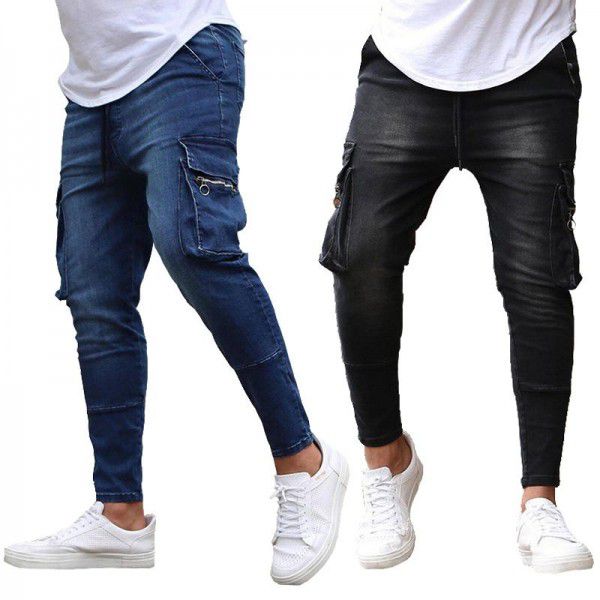 Men's Multi Pocket Elastic Feet Workwear Pants Jeans Men 