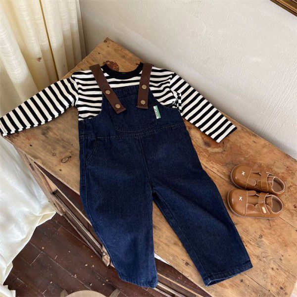 Children's Denim Strap Pants Set Spring New Korean Children's Wear Girls' Striped T-shirt Two Piece Set Westernized 