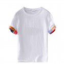 Men's casual linen short sleeved shirt White loose beach trendy men's patchwork cotton linen shirt T-shirt 