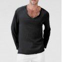 Fashion New Cotton Linen National Style Loose Fit Men's V-neck Solid Long Sleeve T-shirt 