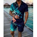 Fashion button polo shirt set Men's casual 3D printed polo shirt shorts 