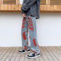 Harajuku style embroidered torn jeans Men's fashion American high street pants Summer loose wide leg mop pants 