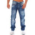 Men's Worn White Pocket Zipper Jeans Fashion Mid Waist Loose Straight Pants 