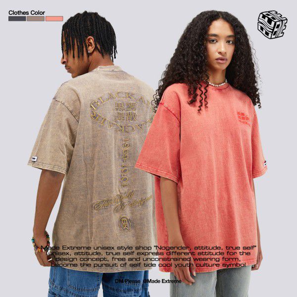 American Street Minority Personality Men's Clothing Embroidery Stir-fried Color Wash Short Sleeve T-shirt Men's and Women's 