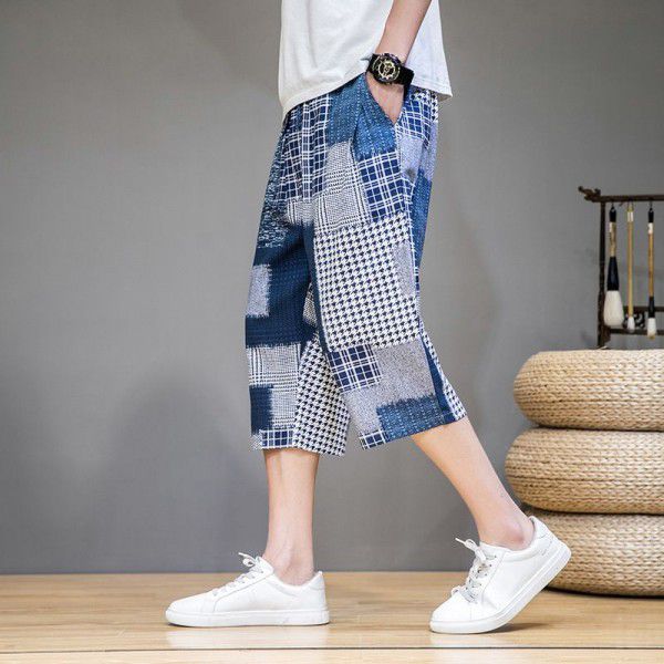 Summer new Chinese style cotton hemp men's casual shorts retro large linen fashion stitching beach pants 