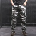 Wear-resistant, loose, straight, multi-pocket men's camouflage overalls long pants 