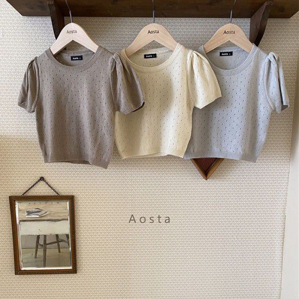 Children's summer new style children's bubble sleeve knitted T-shirt top girls round neck pullover 