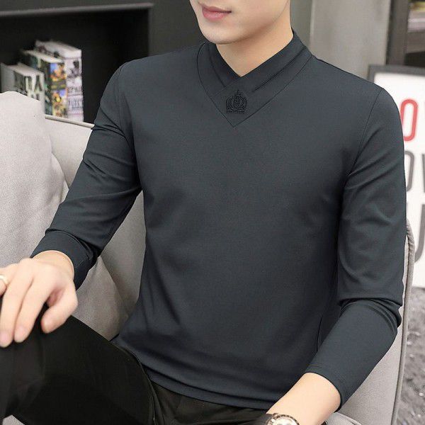 Modal men's long-sleeved t-shirt autumn and winter new slimming trend warm plush v-neck clothes bottoming shirt men 