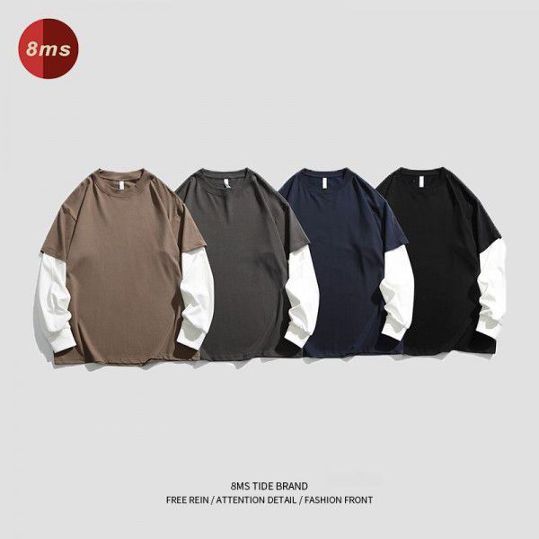 Spring New Cotton Fake Two Pieces Long Sleeve T-shirt Men's Fashion Couple Loose Sweater With Underlay Shirt Men 