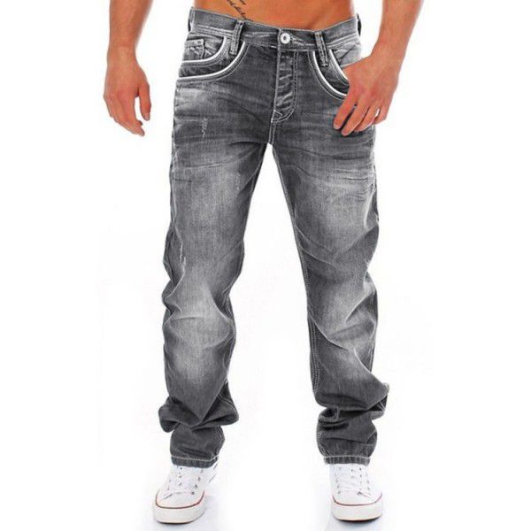 Men's Worn White Pocket Zipper Jeans Fashion Mid Waist Loose Straight Pants 