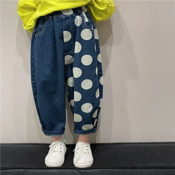 Children's wear Children's pants Spring wear New Korean polka dot jeans Fashionable baby color contrast casual pants 