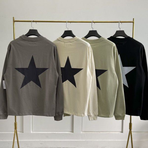 Double thread five-pointed star trend loose high street men and women lovers long sleeve T-shirt men 