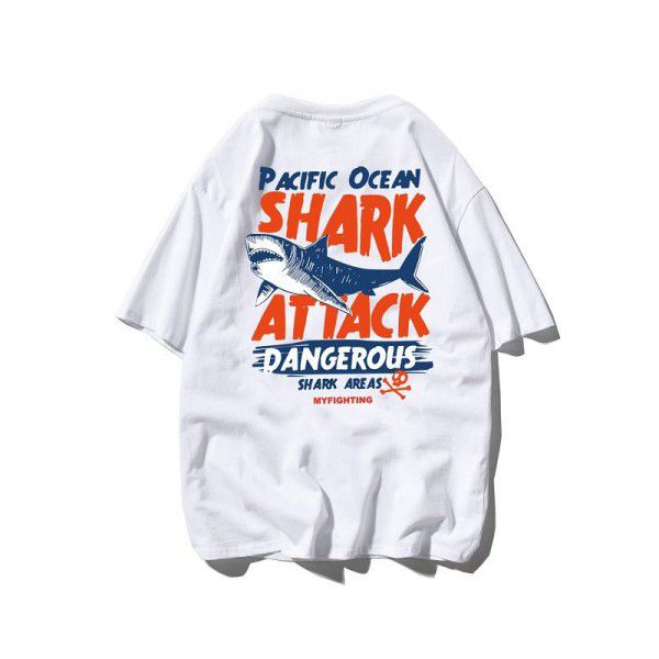 Shark short-sleeved European and American fashion brand half-sleeved loose hip-hop t-shirt men's fat men's fashion large 