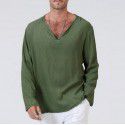 Fashion New Cotton Linen National Style Loose Fit Men's V-neck Solid Long Sleeve T-shirt 