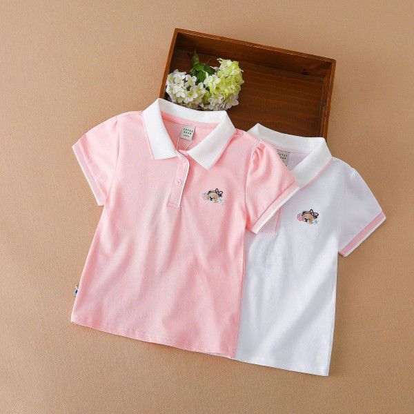 Girls' Short Sleeve T-shirt Polo Shirt Summer New Children's Top Pure Cotton Large Children's Wear Solid Color Underlay Shirt Thin 