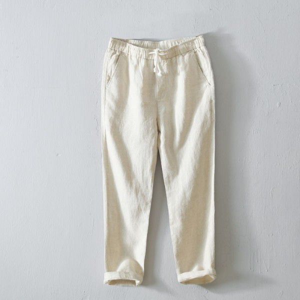 Spring and Summer Simple Solid Color Straight Pants Men's Lacing Casual Pants Linen Breathable Pants Men 