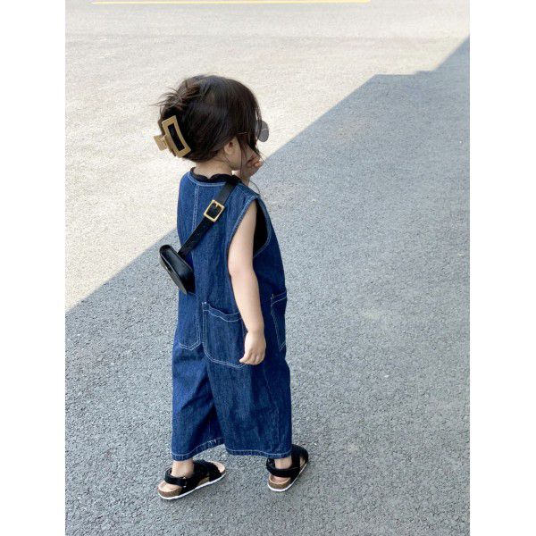 Children's Bodysuit Strap Pants Spring/Summer Boys' and Girls' Korean Version Fashion Loose Workwear Sleeveless Denim Bodysuit 