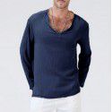 Fashion New Cotton Linen National Style Loose Fit Men's V-neck Solid Long Sleeve T-shirt 