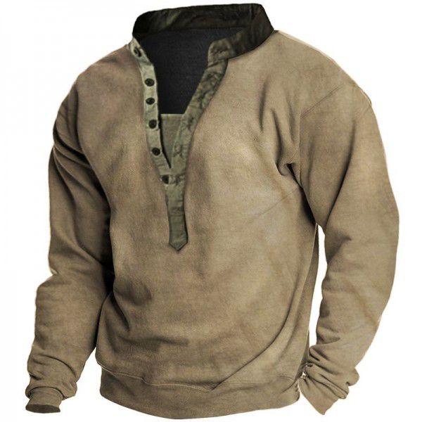 Men's Outdoor Vintage Khaki Long Sleeve Henry Neck Sports T-Shirt 