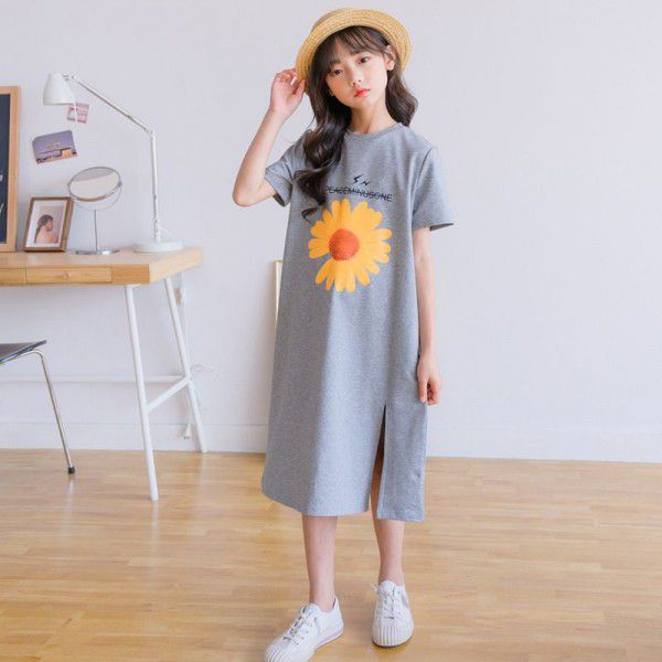 Summer New Medium to Large Kids Korean Version Loose Medium to Long T-shirt Girls Little Daisy Short Sleeve Top 