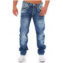 Men's Worn White Pocket Zipper Jeans Fashion Mid Waist Loose Straight Pants 