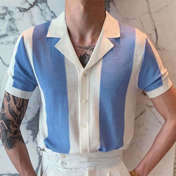 Japan and South Korea New Men's Summer Temperament Shirt Neck Knit Panel Contrast Color Business 