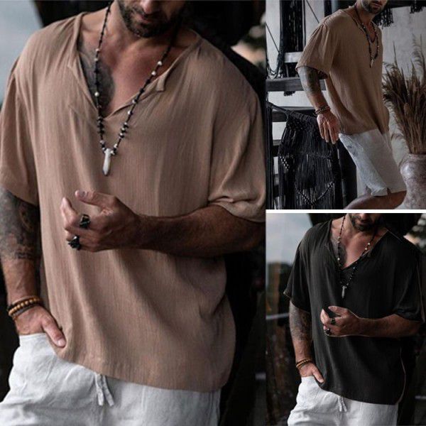 Summer Street Fashion Men's V-Neck Shirt Casual Loose Solid Neck Medium Sleeve T-shirt in Europe and America 