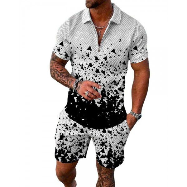 Fashion button polo shirt set Men's casual 3D printed polo shirt shorts 