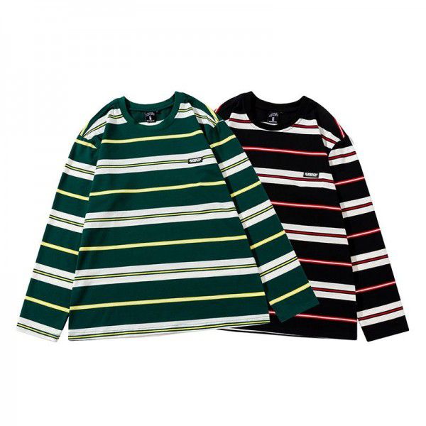 Men's retro street rainbow stripe t-shirt men's and women's loose fashion brand cotton long-sleeved couple round neck tee men 