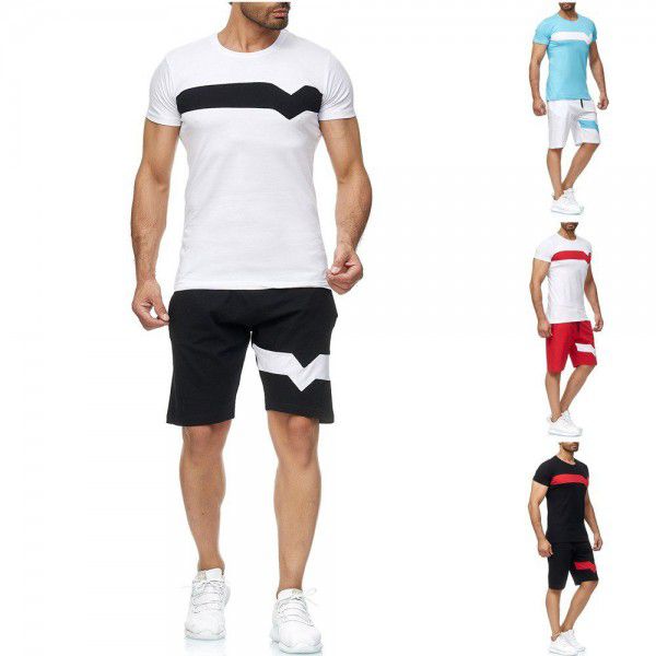 New men's summer sports suit men's short sleeve short cotton color contrast casual sports suit men 