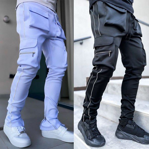 Spring and Autumn Work Wear Pants Men's Fashion Brand Elastic Multi Pocket Reflective Straight Sleeve Sports Fitness Casual Pants 